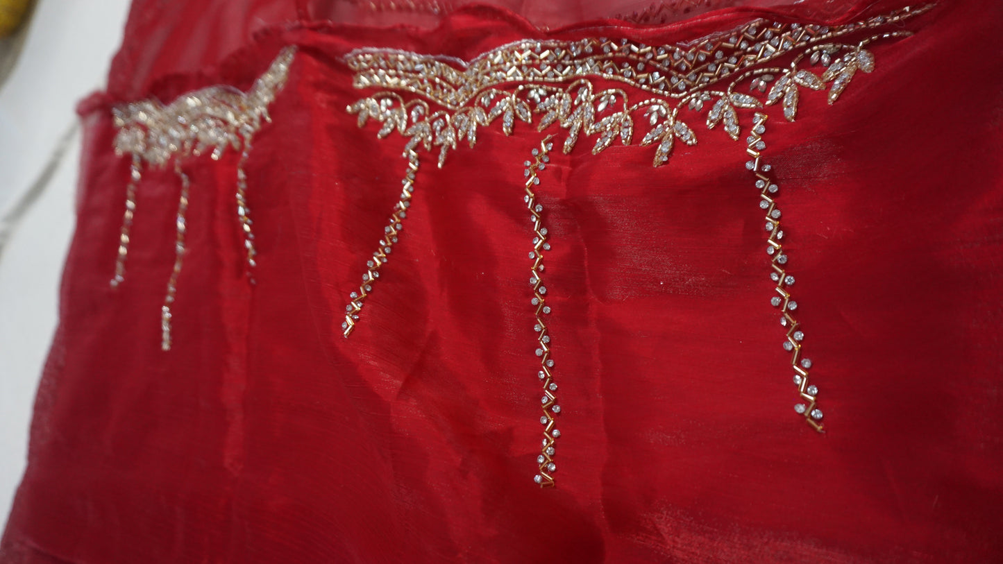 Surkh Laal Organza Tissue Embroidered Saree
