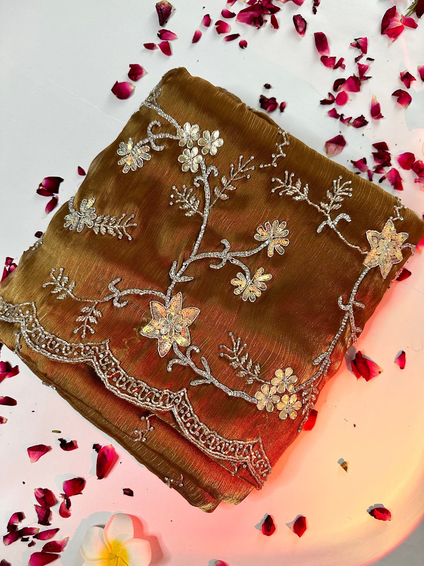 Golden Tissue Organza Floral Hand Embrloidered Saree