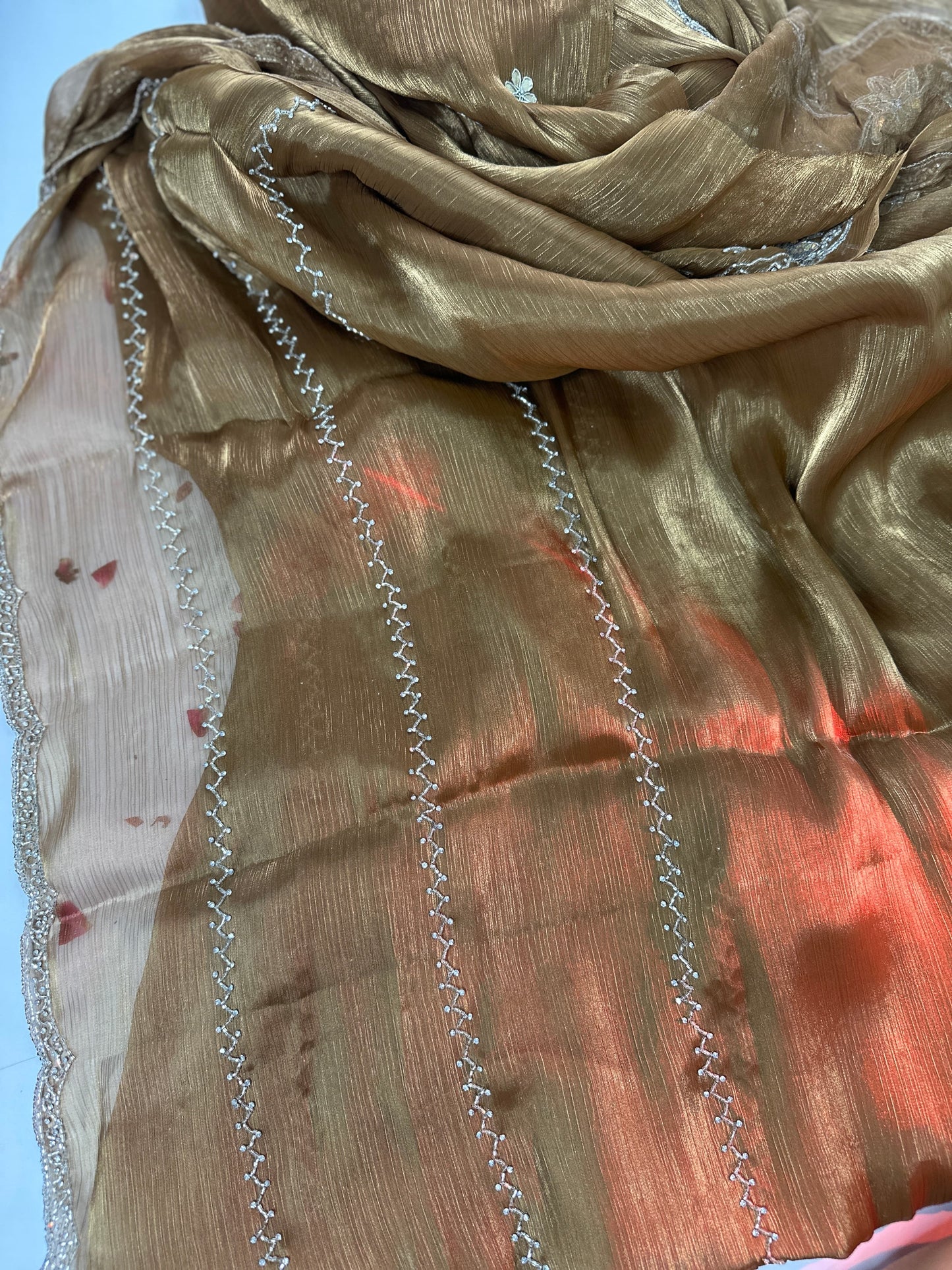 Golden Tissue Organza Floral Hand Embrloidered Saree
