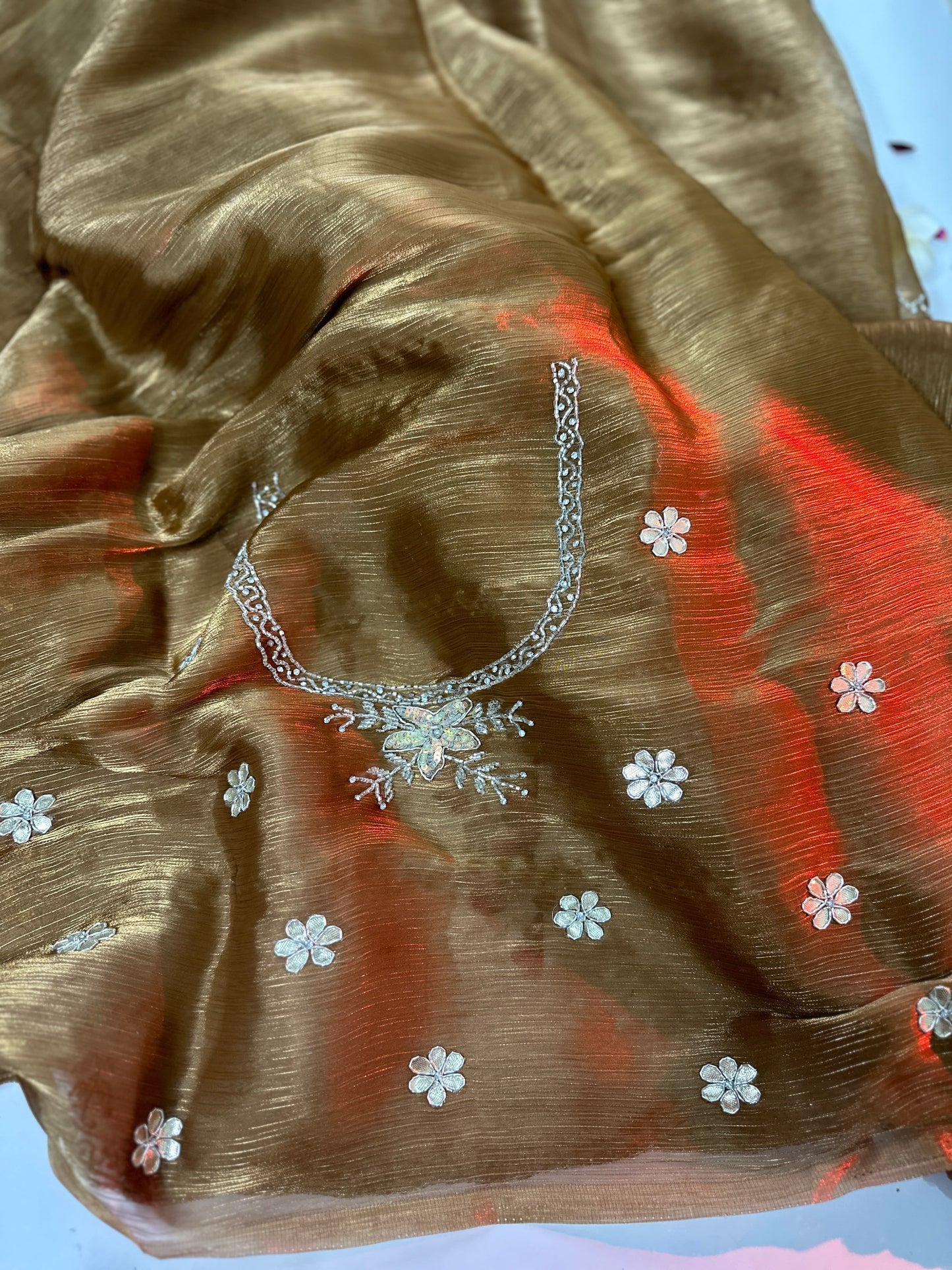 Golden Tissue Organza Floral Hand Embrloidered Saree