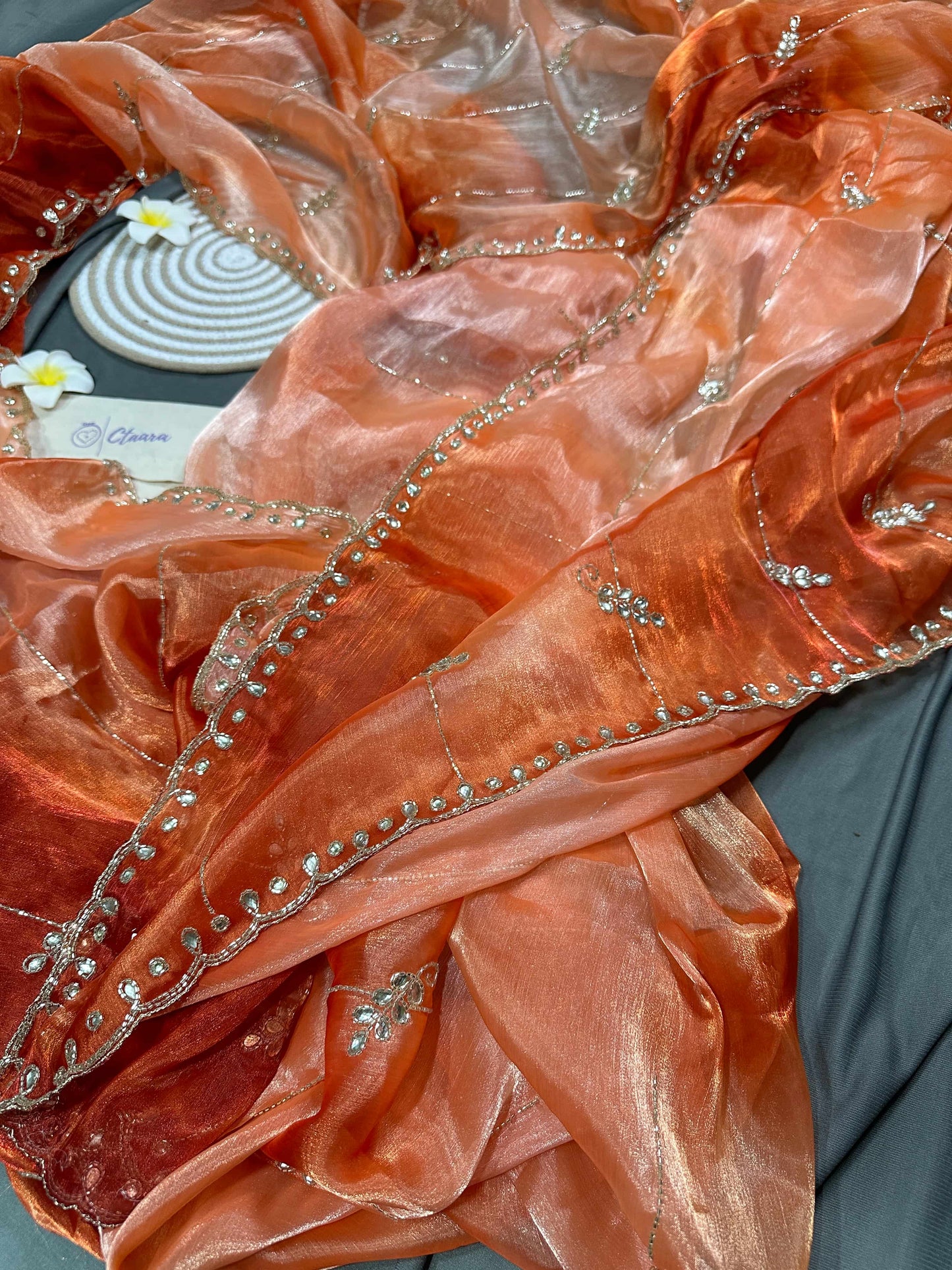Orange Ombre Crushed Tissue Saree with Handwork Embroidery & Stone Detailing
