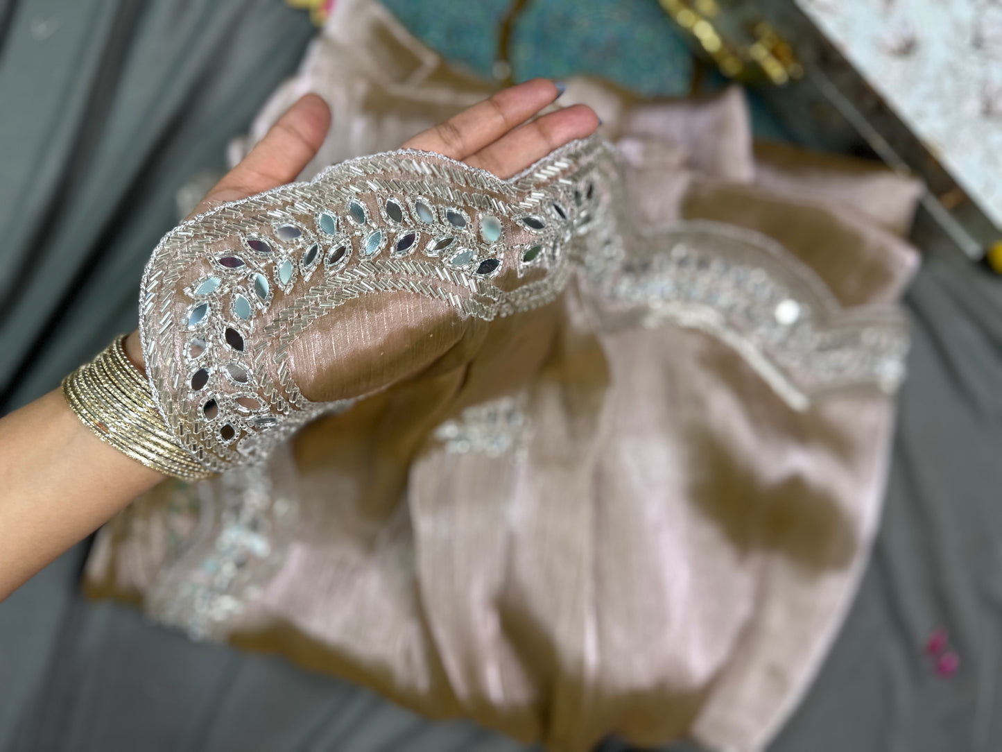 Sparkling Champagne Organza Satin Crushed Tissue Saree