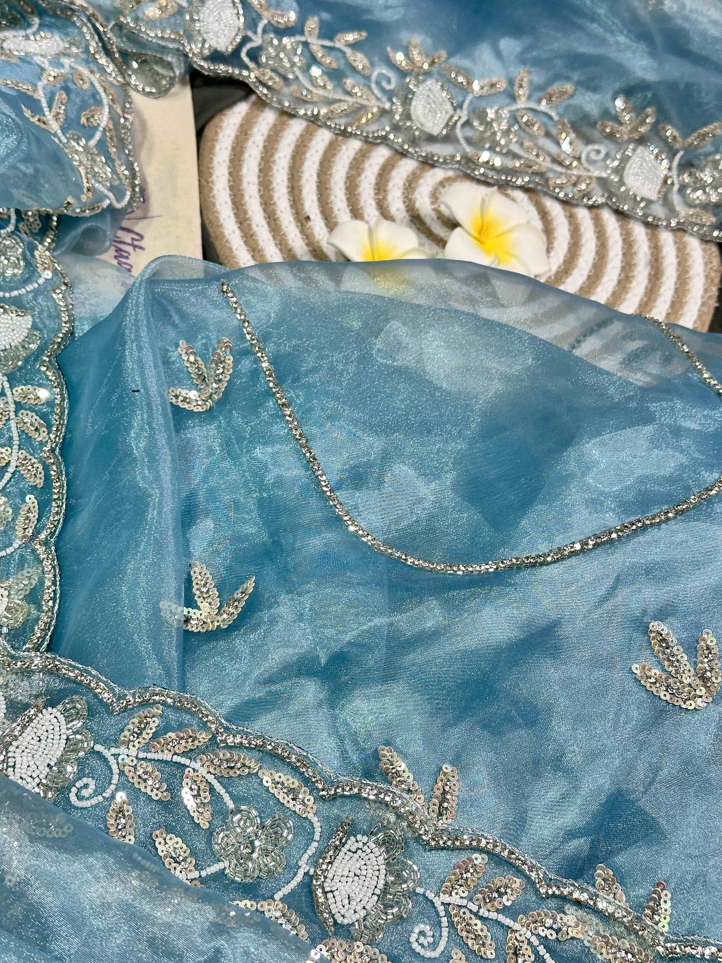Powder Blue Organza Saree with Sequin & Pearl Embroidery | Party Wear