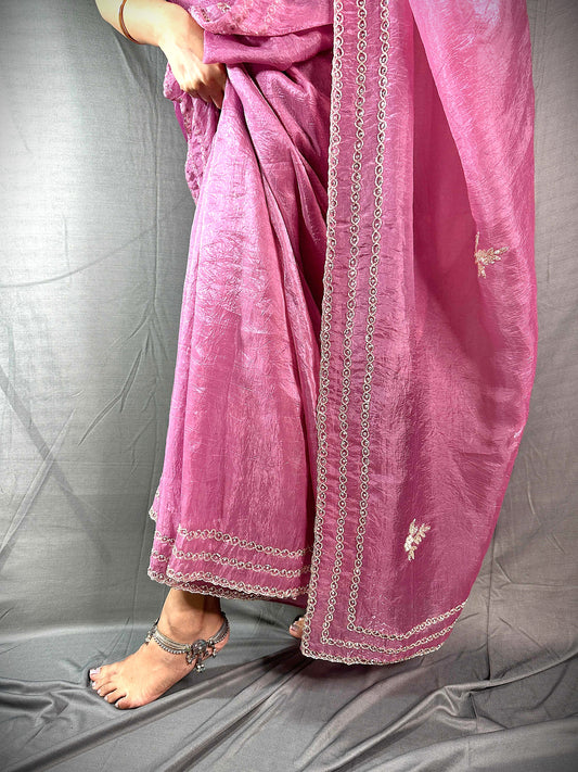 Blushing Fairy regal Pink Crushed Tissue SIlk Embroidered Cutdana Saree