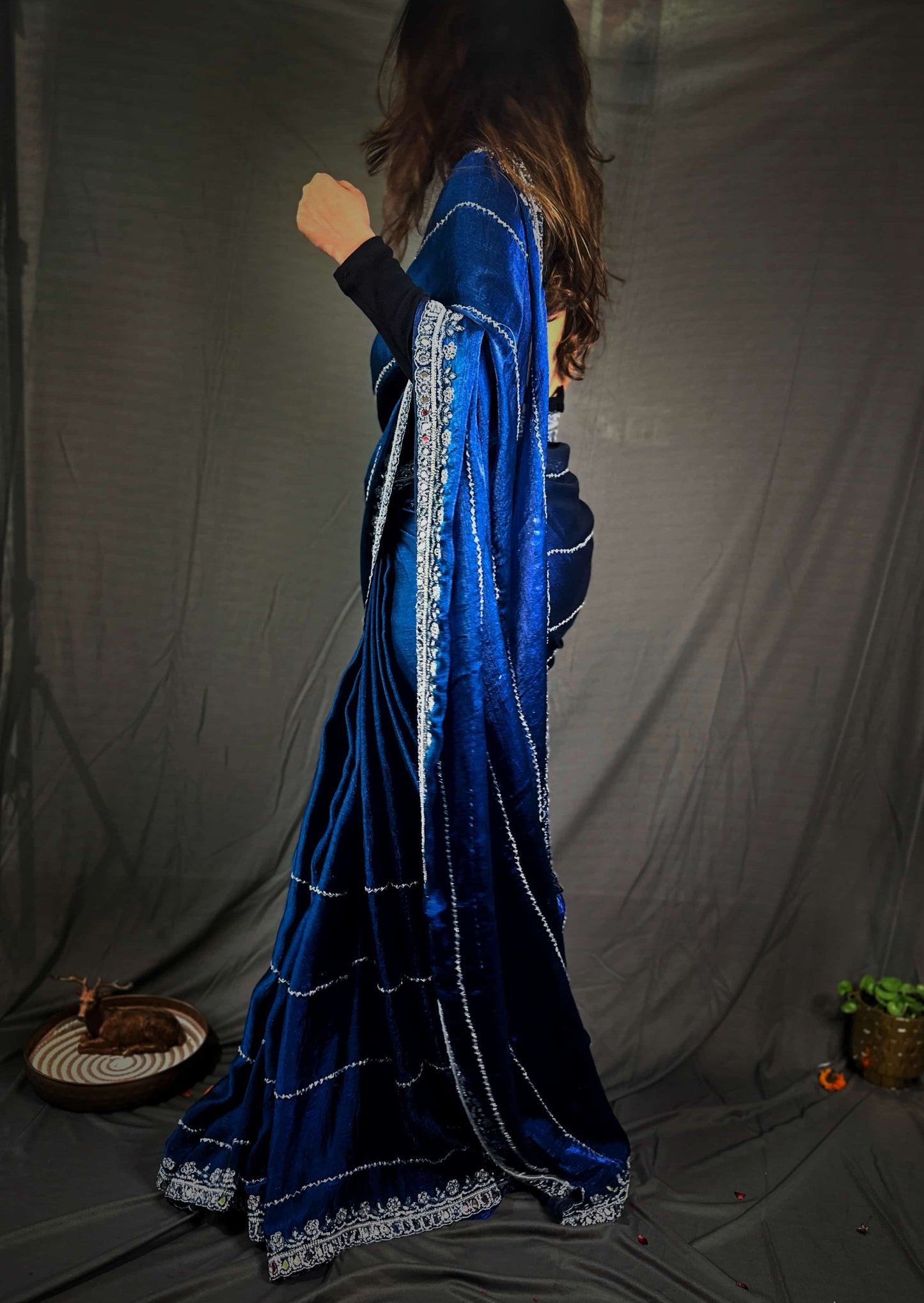 Blue Mirror Work Saree Heavy Royal