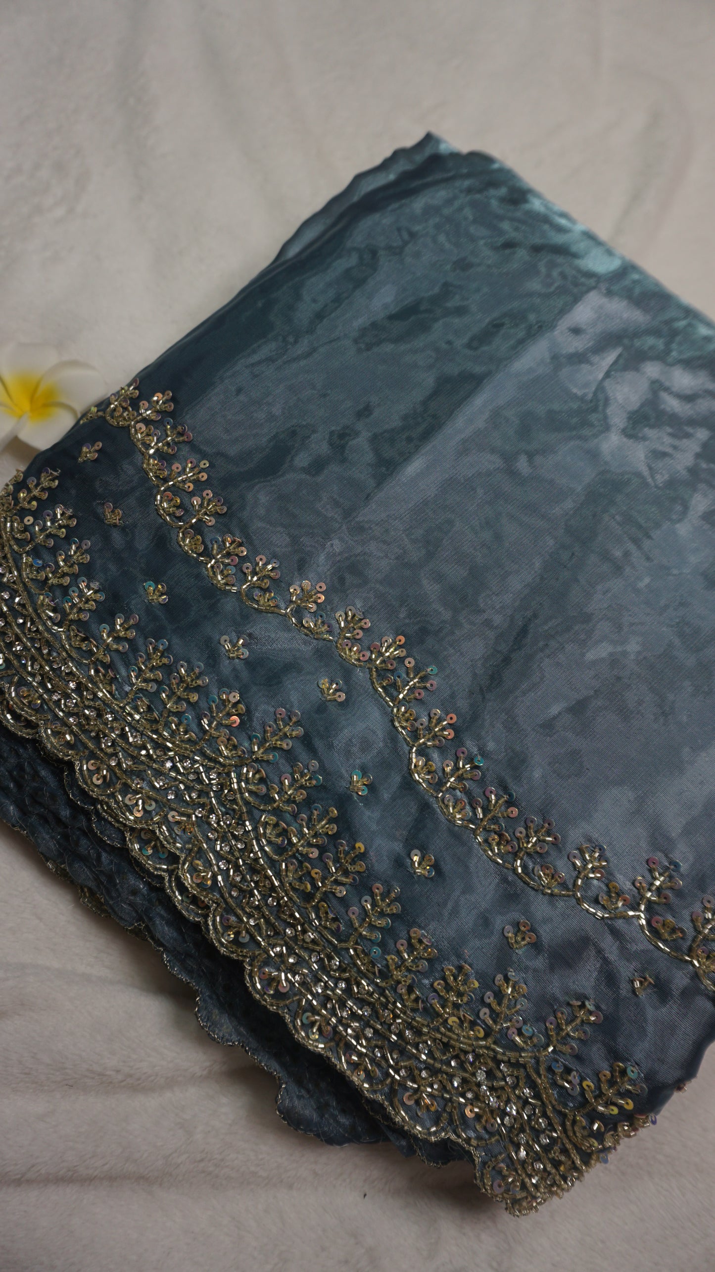 Gray Liquid Metal Gray Heavy Embroidered Organza Saree