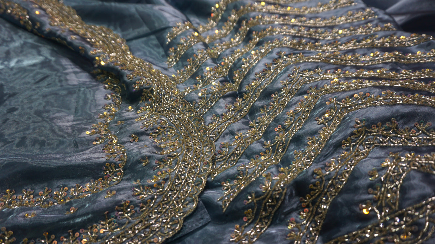 Gray Liquid Metal Gray Heavy Embroidered Organza Saree