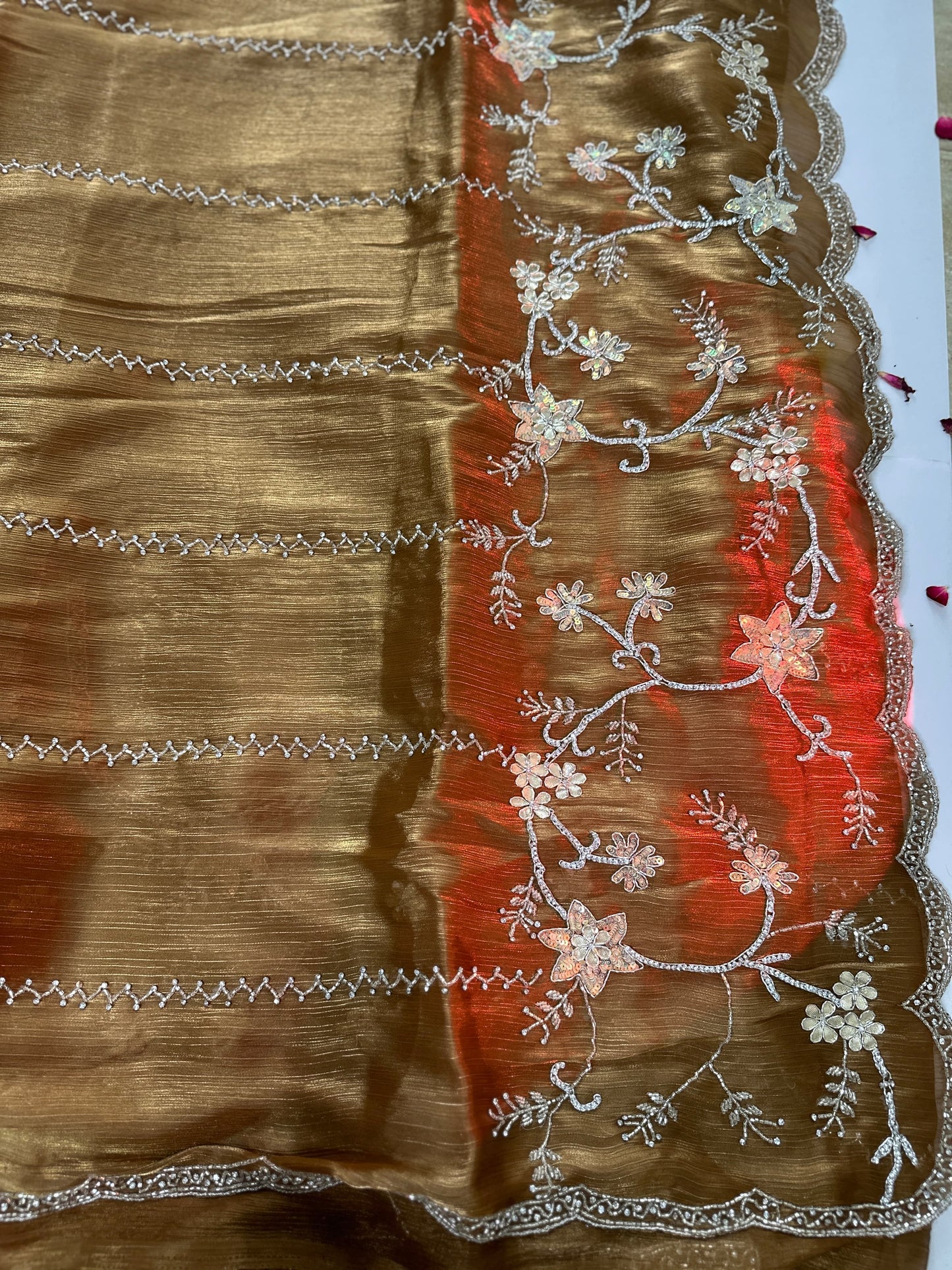 Golden Tissue Organza Floral Hand Embrloidered Saree