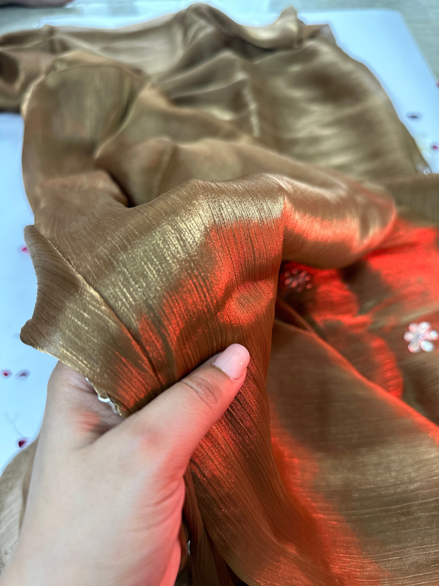 Golden Tissue Organza Floral Hand Embrloidered Saree