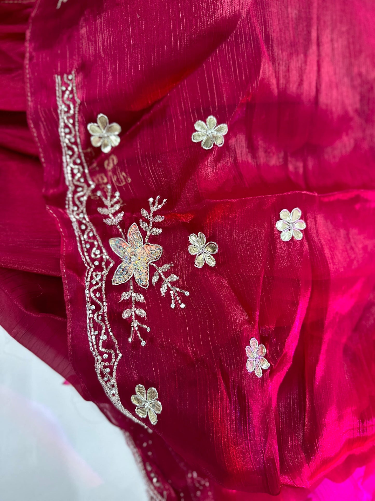 Deep Red Tissue Organza Floral Hand Embrloidered Saree