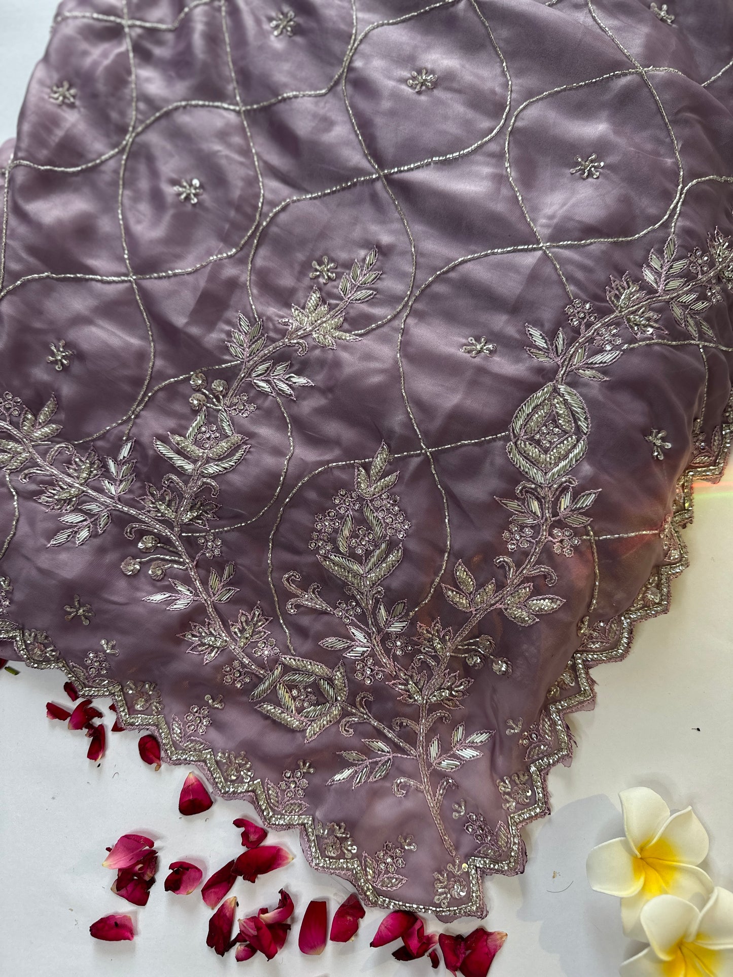 Lavender Soft Satin Embroidered Zardozi Saree