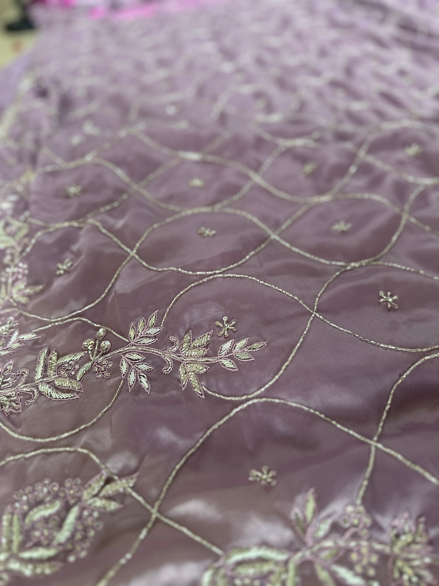 Lavender Soft Satin Embroidered Zardozi Saree