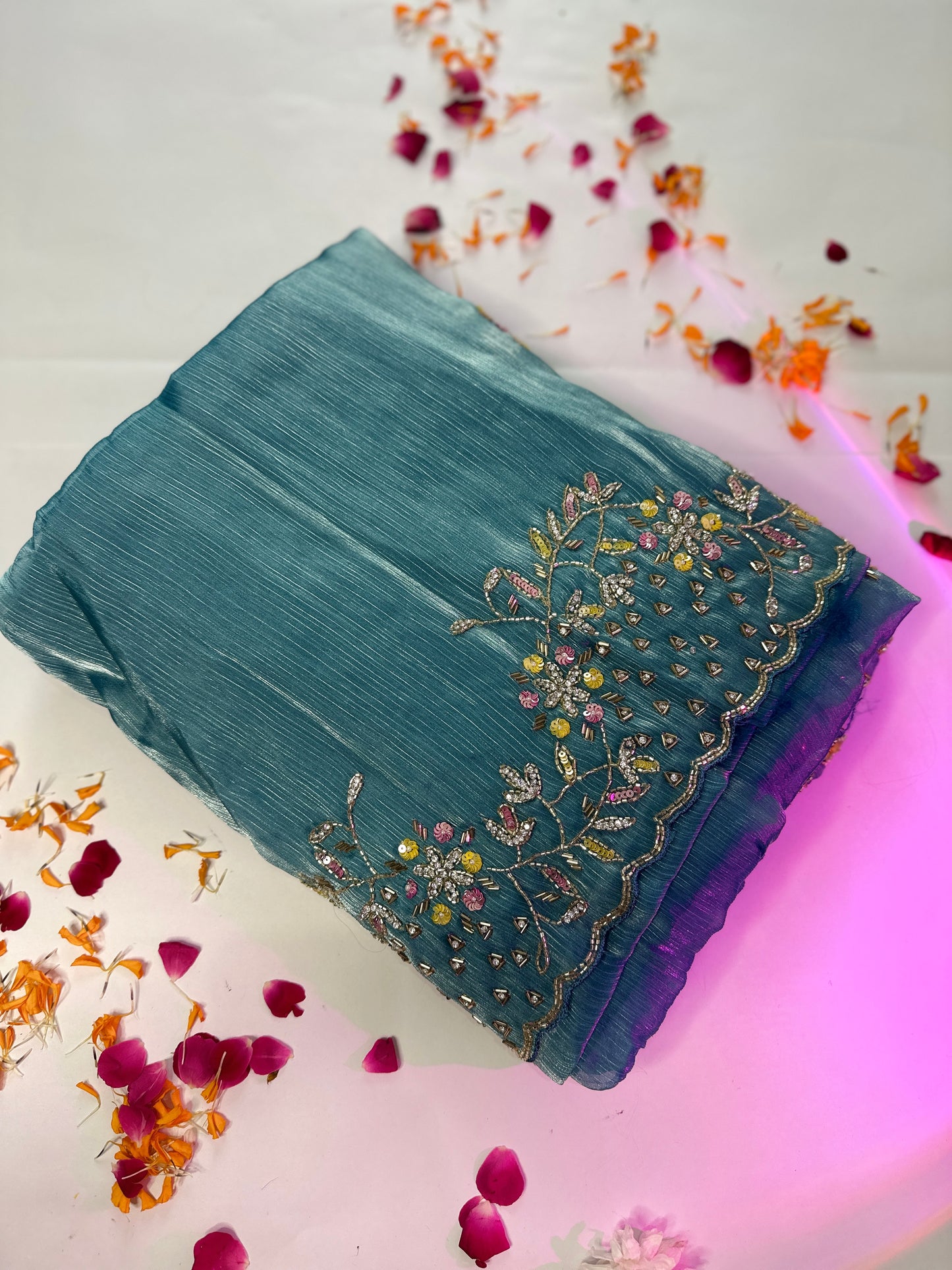 Pacific Blue Tissue Organza Handwork Embroidery Saree