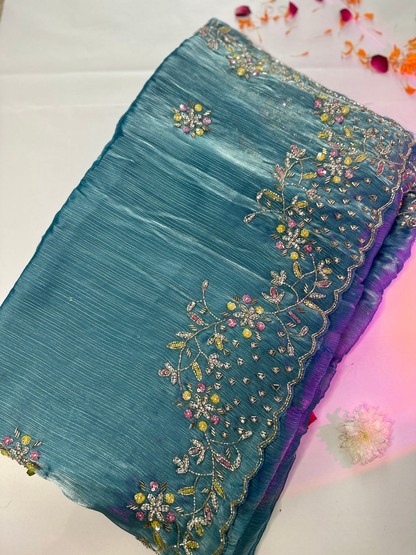 Pacific Blue Tissue Organza Handwork Embroidery Saree