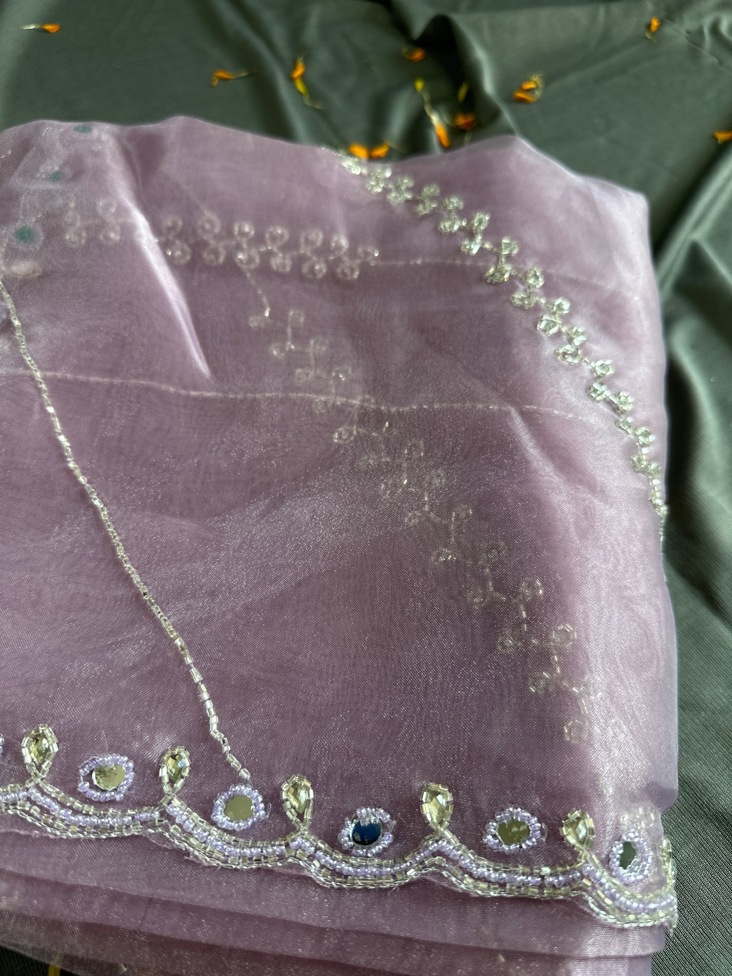 Lavender Lunar Mirror Pearl Work Organza Saree