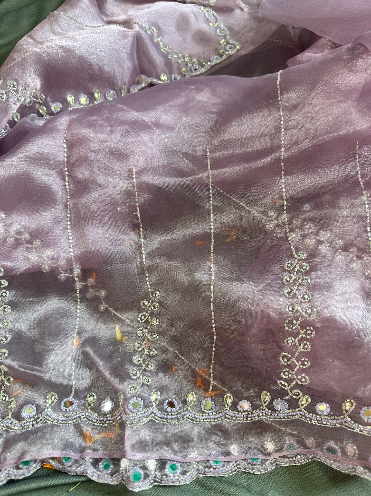 Lavender Lunar Mirror Pearl Work Organza Saree