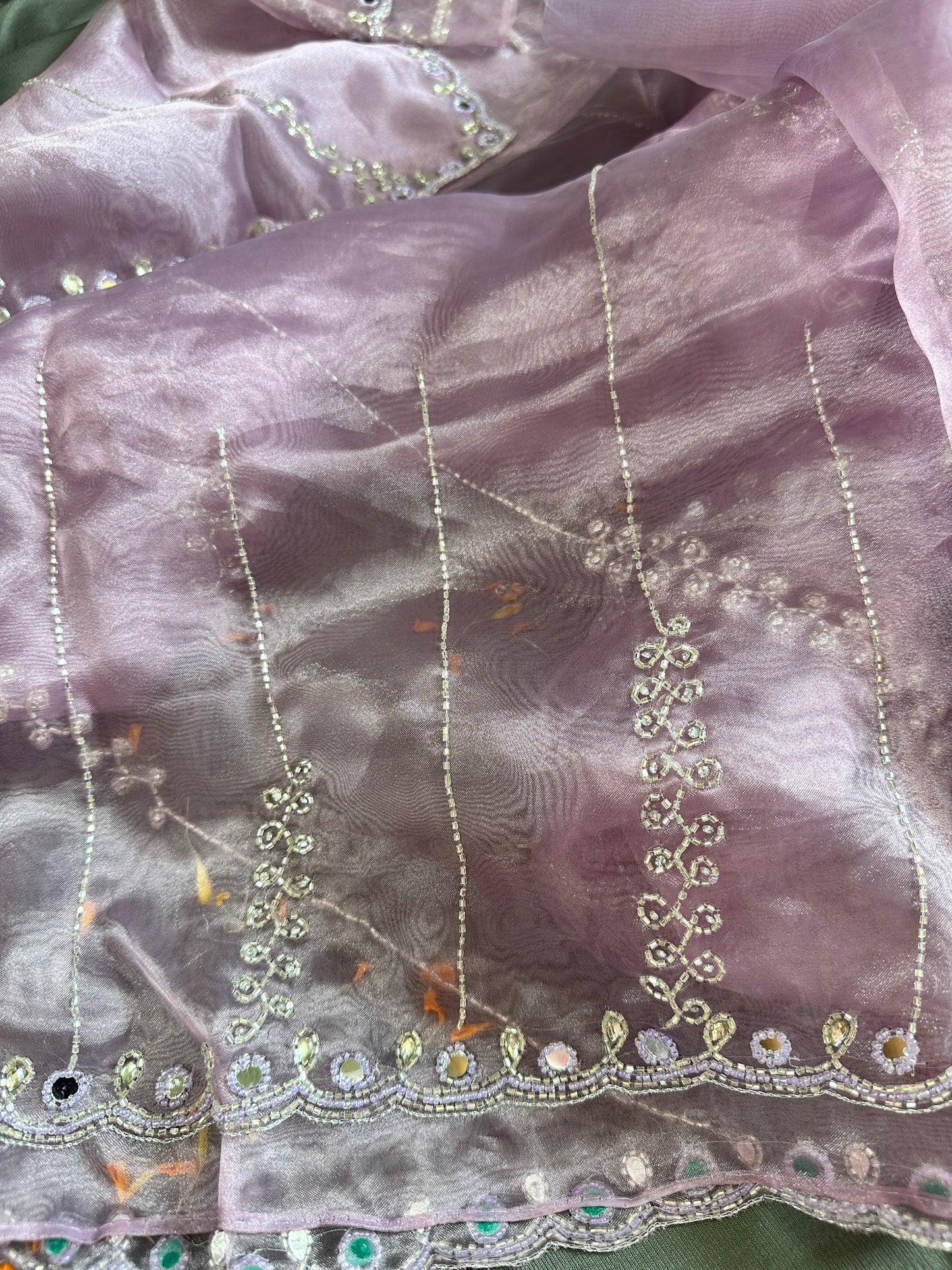 Lavender Lunar Mirror Pearl Work Organza Saree