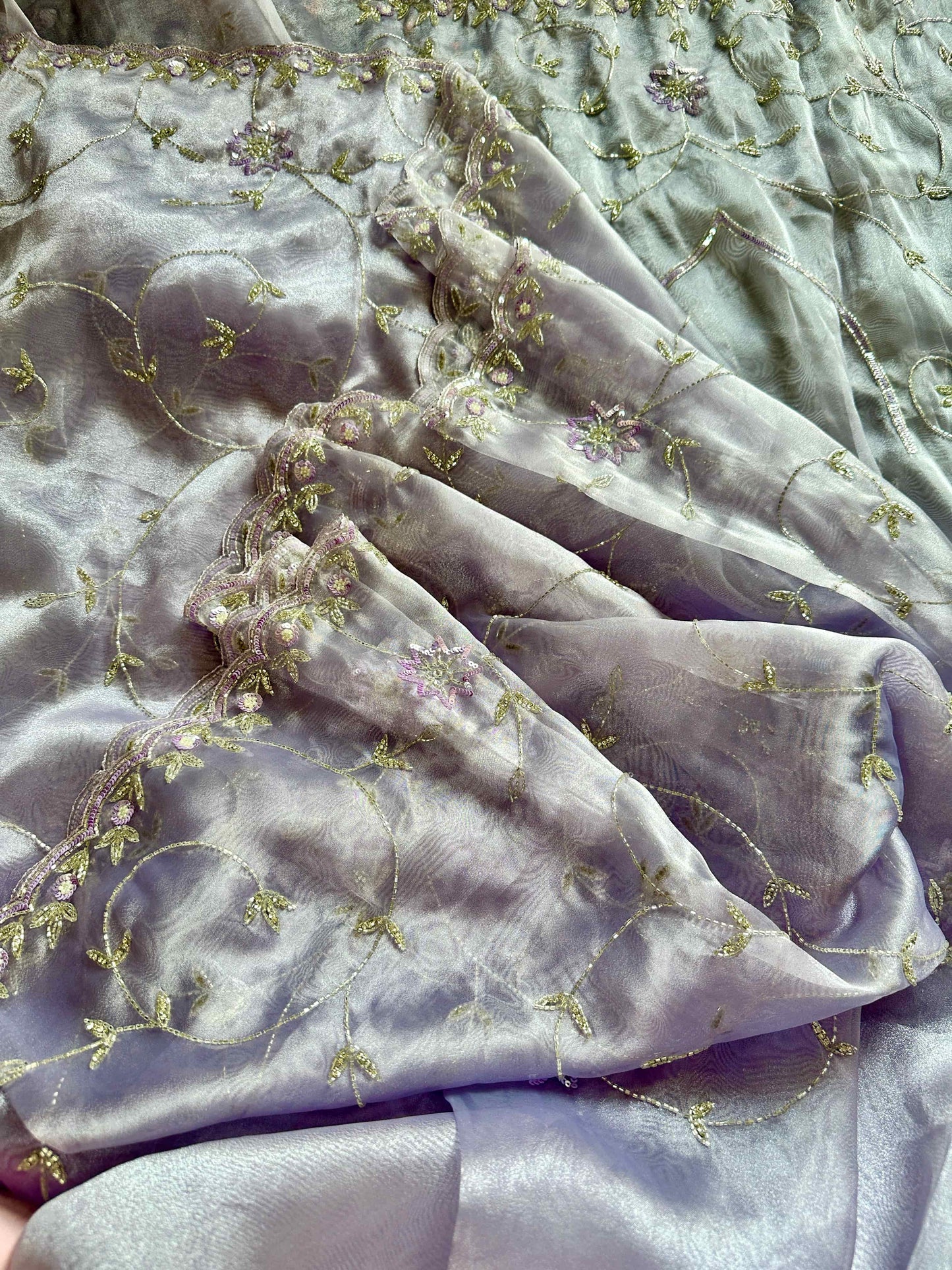 Lavender Handwork Embroidery Organza Saree