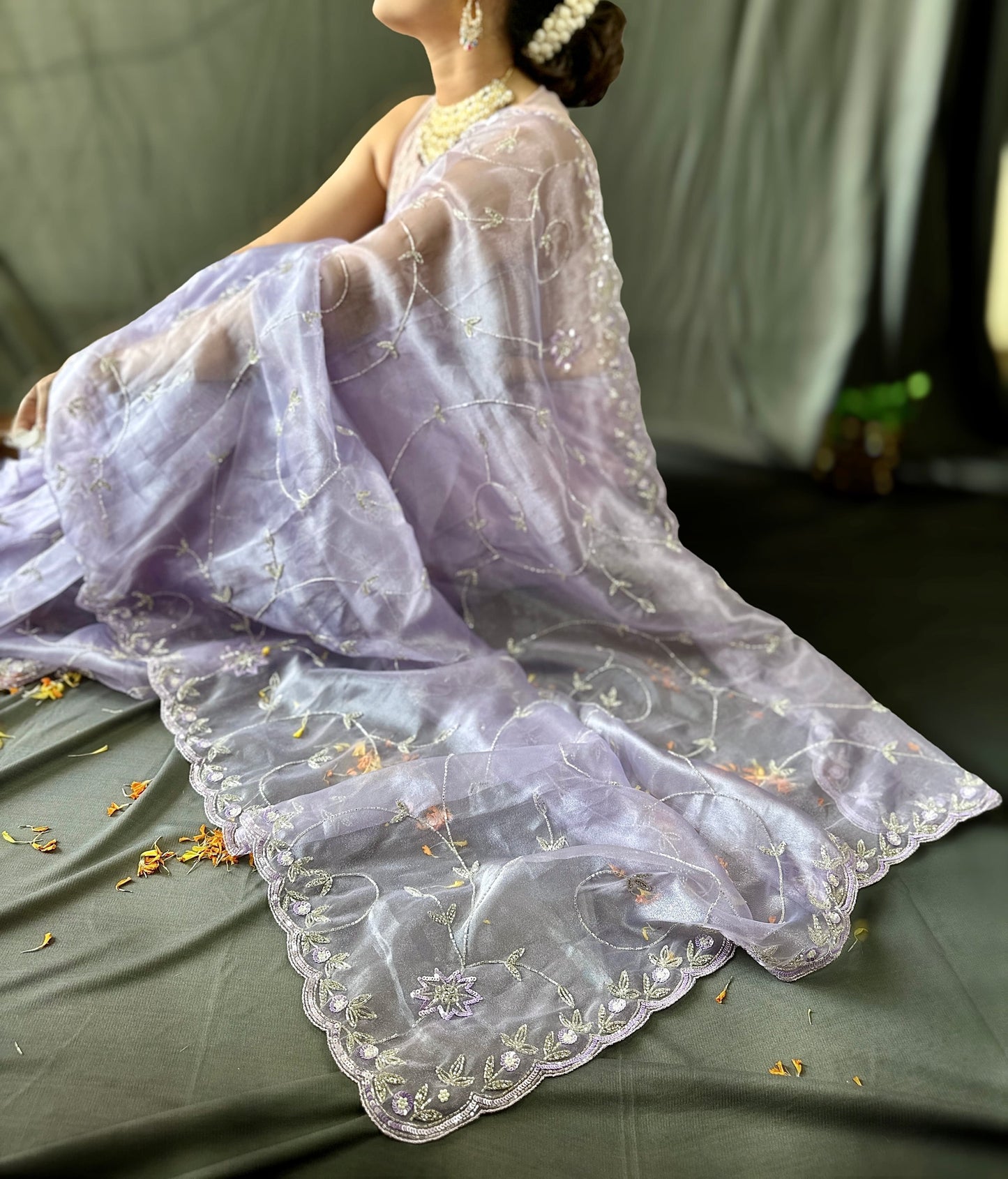 Lavender Handwork Embroidery Organza Saree