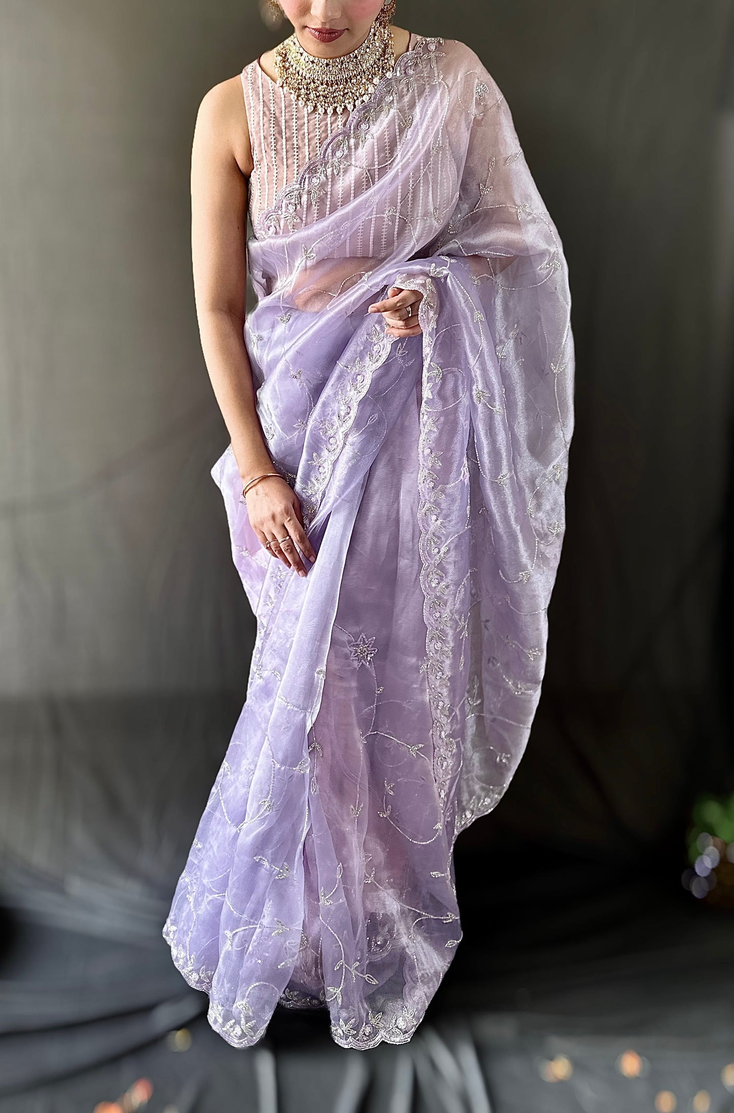 Lavender Handwork Embroidery Organza Saree