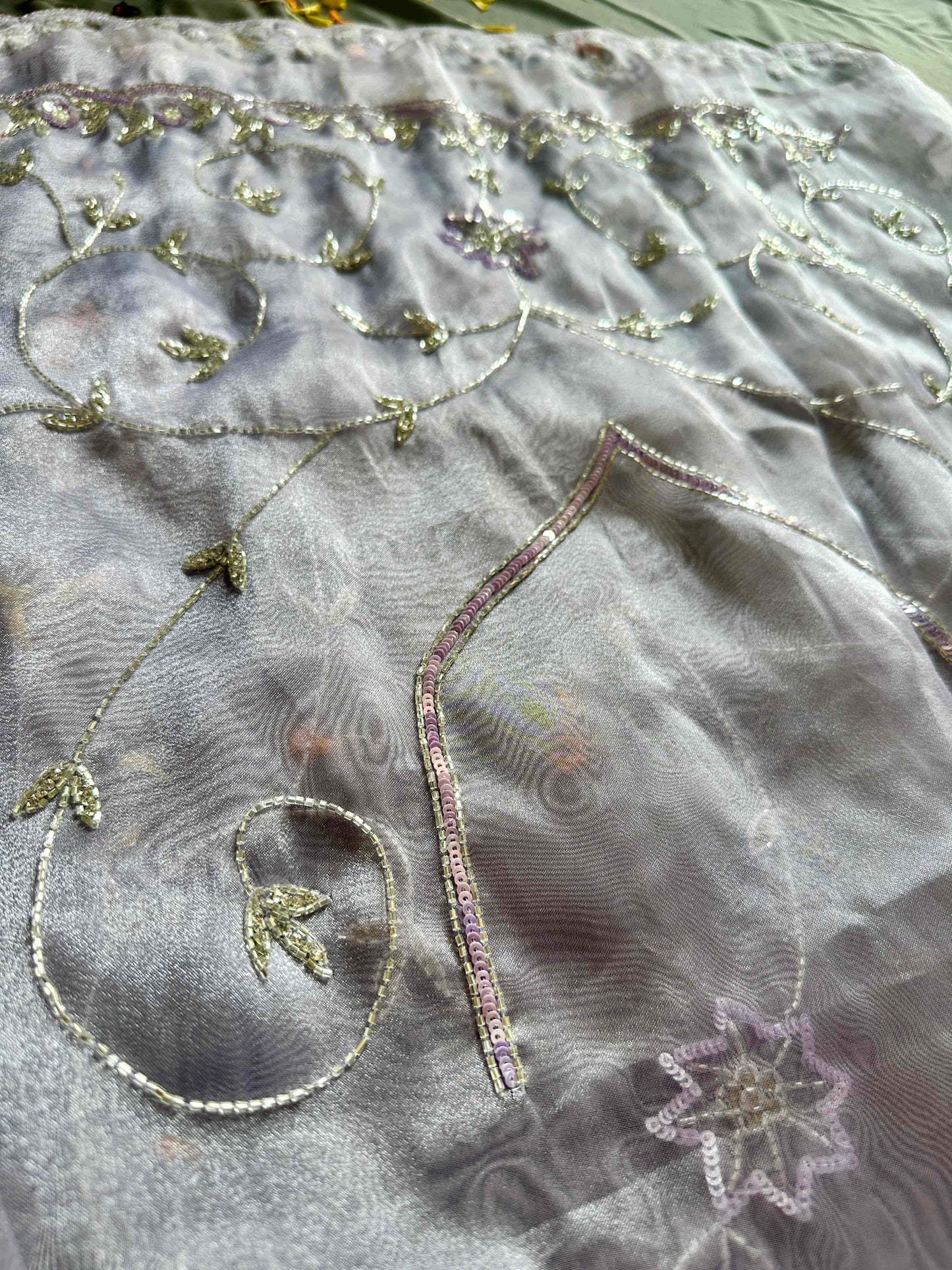 Lavender Handwork Embroidery Organza Saree