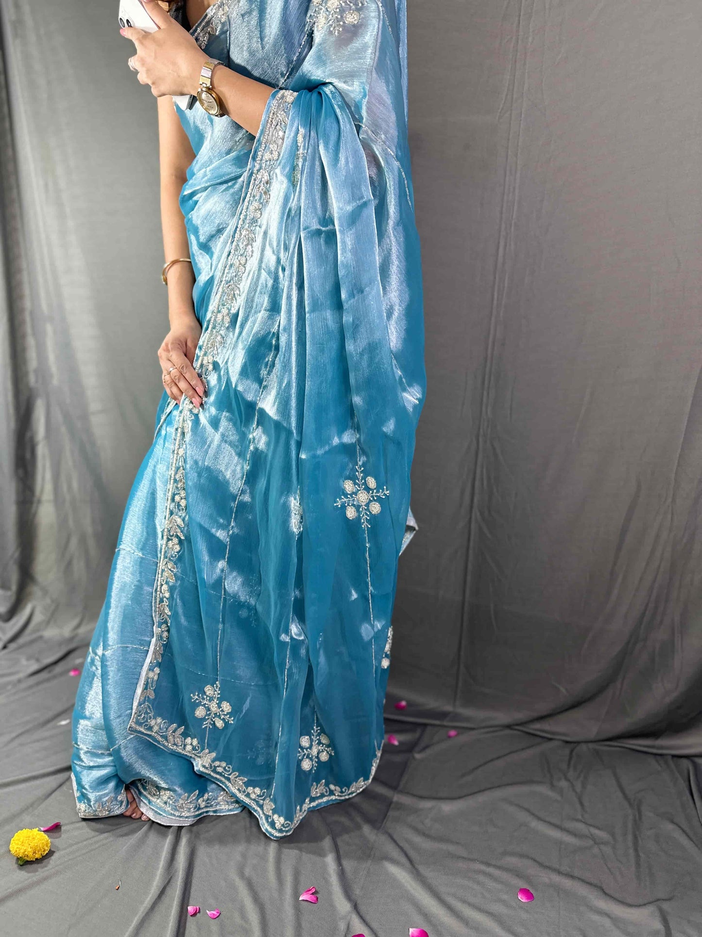 Neelanjali Sky Blue Pearl and Cutdana Handwork Saree