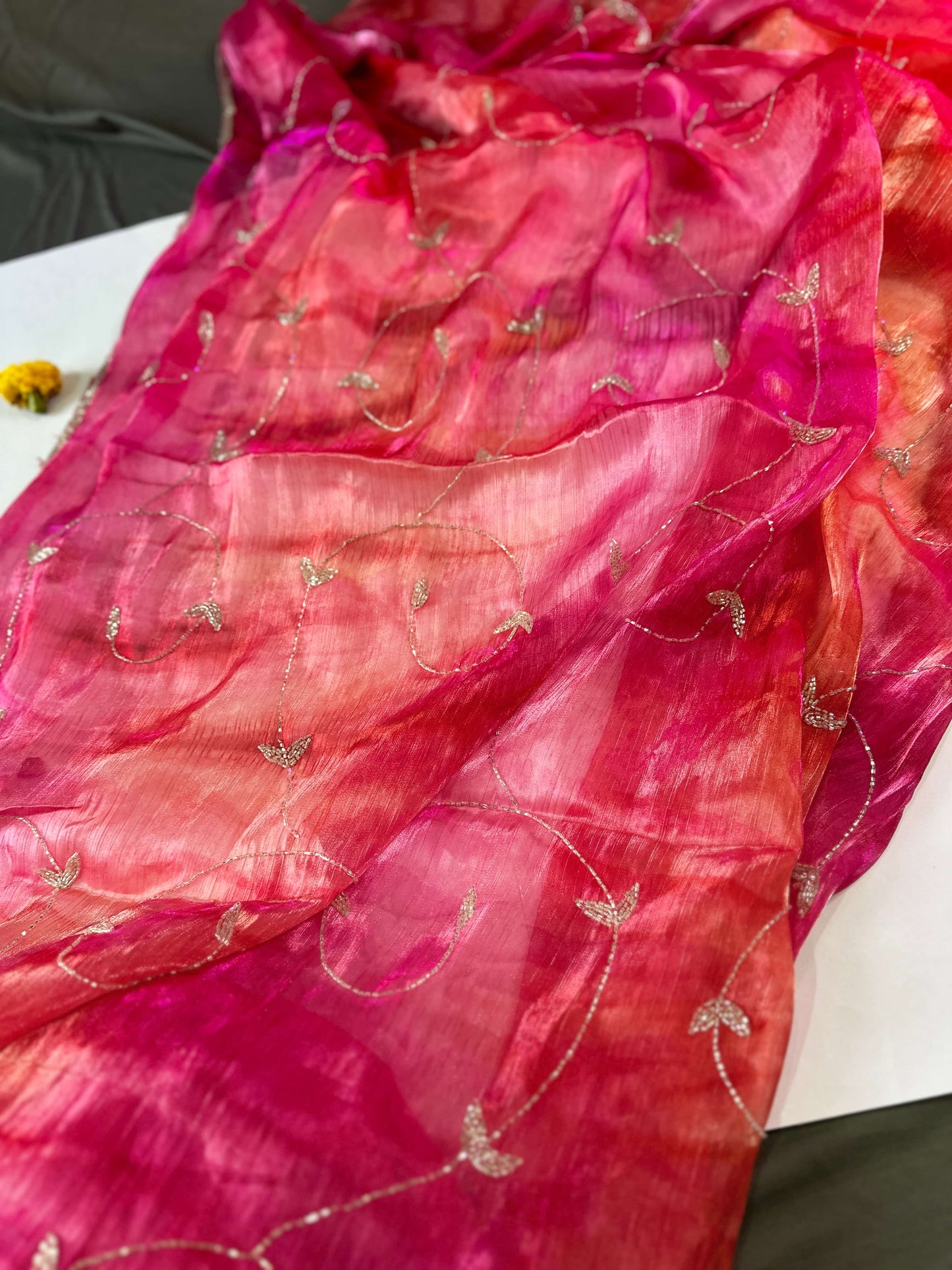 Rani Pink and Orange Tie & Dye Party Wear Saree