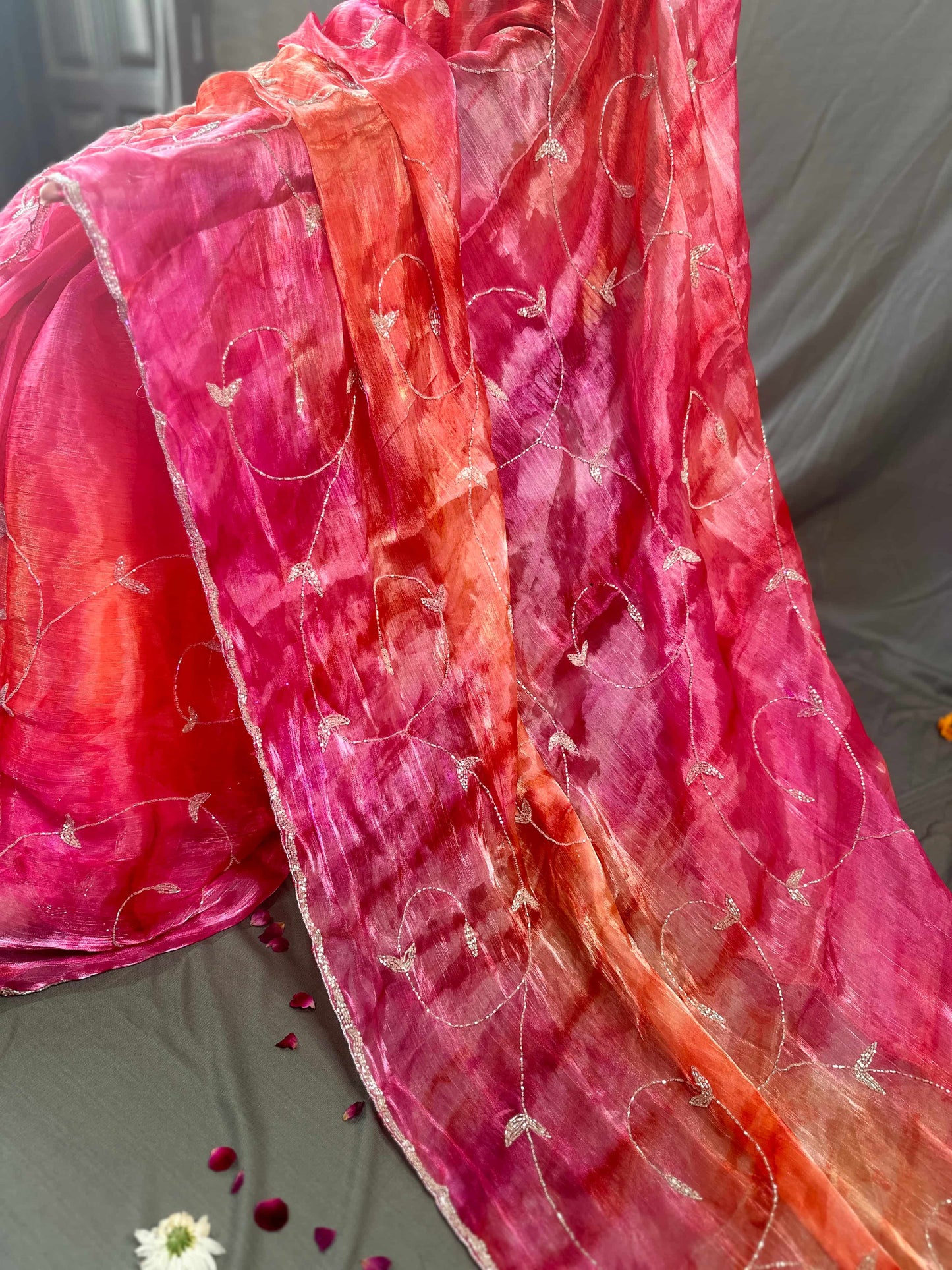 Rani Pink and Orange Tie & Dye Party Wear Saree