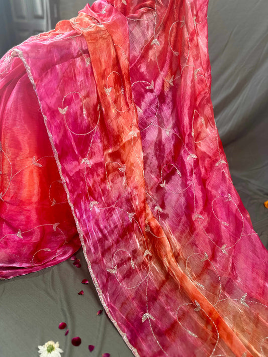 Rani Pink and Orange Tie & Dye Party Wear Saree