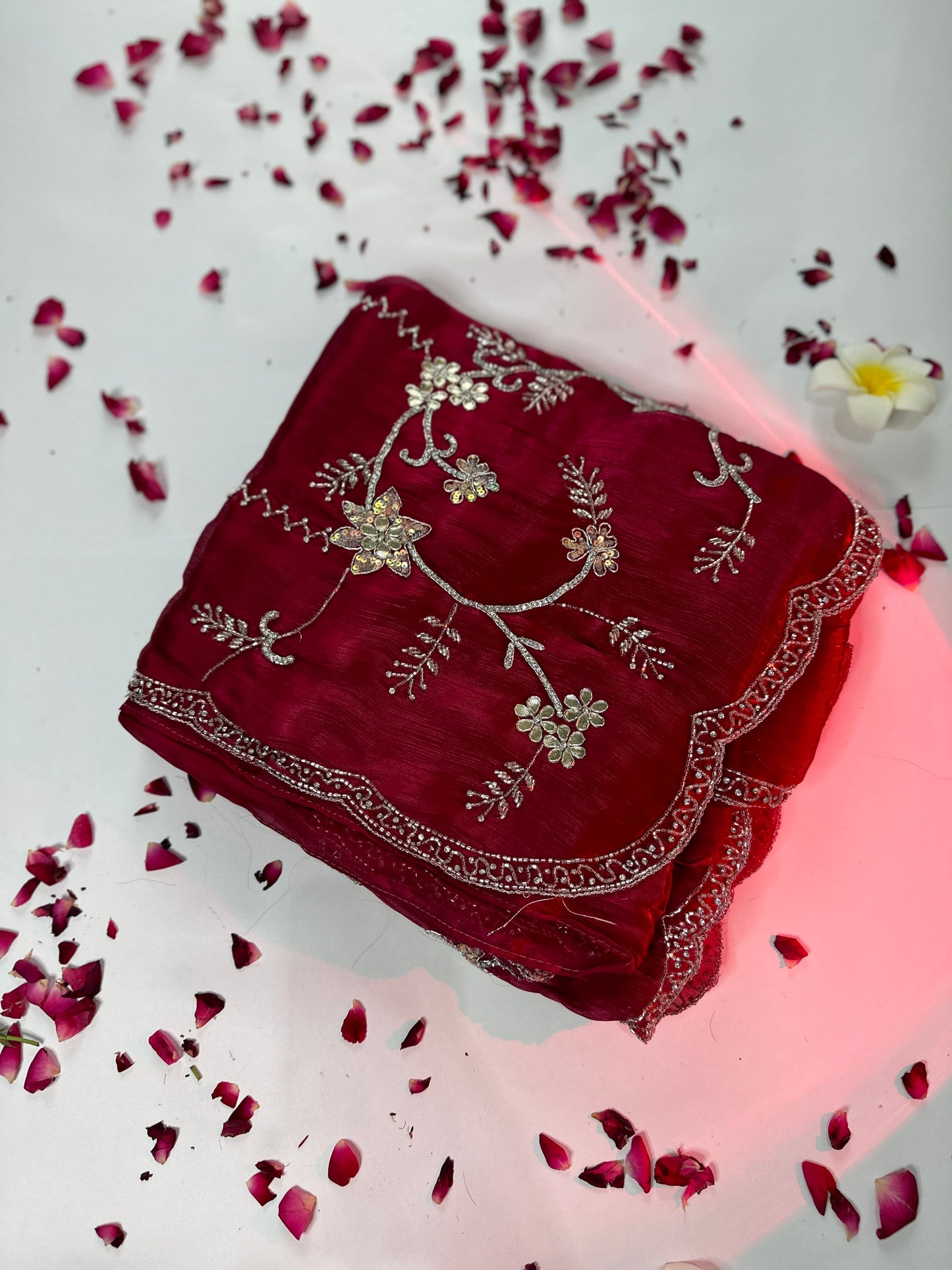 Deep Red Tissue Organza Floral Hand Embrloidered Saree