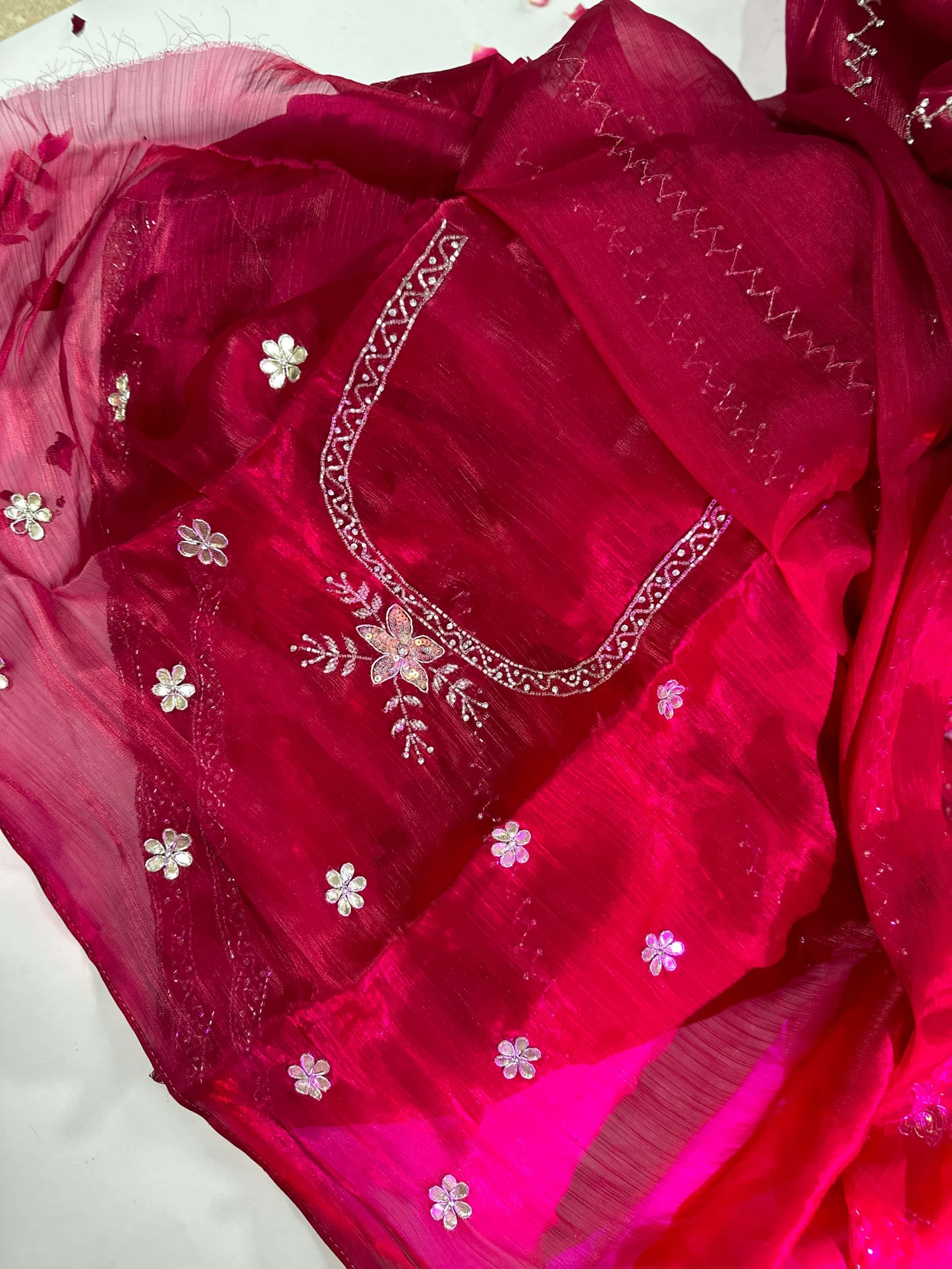 Deep Red Tissue Organza Floral Hand Embrloidered Saree