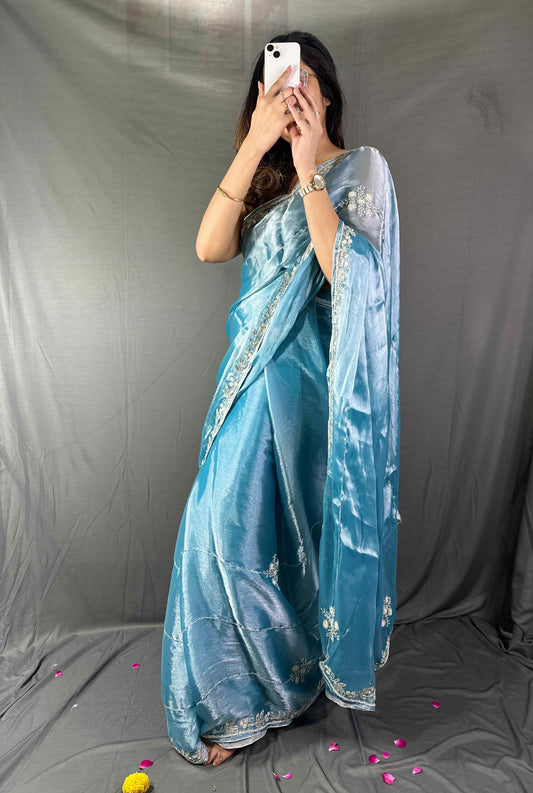 Neelanjali Sky Blue Pearl and Cutdana Handwork Saree