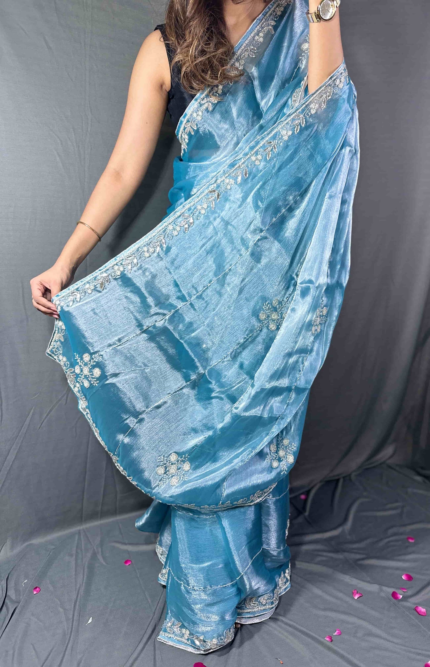 Neelanjali Sky Blue Pearl and Cutdana Handwork Saree