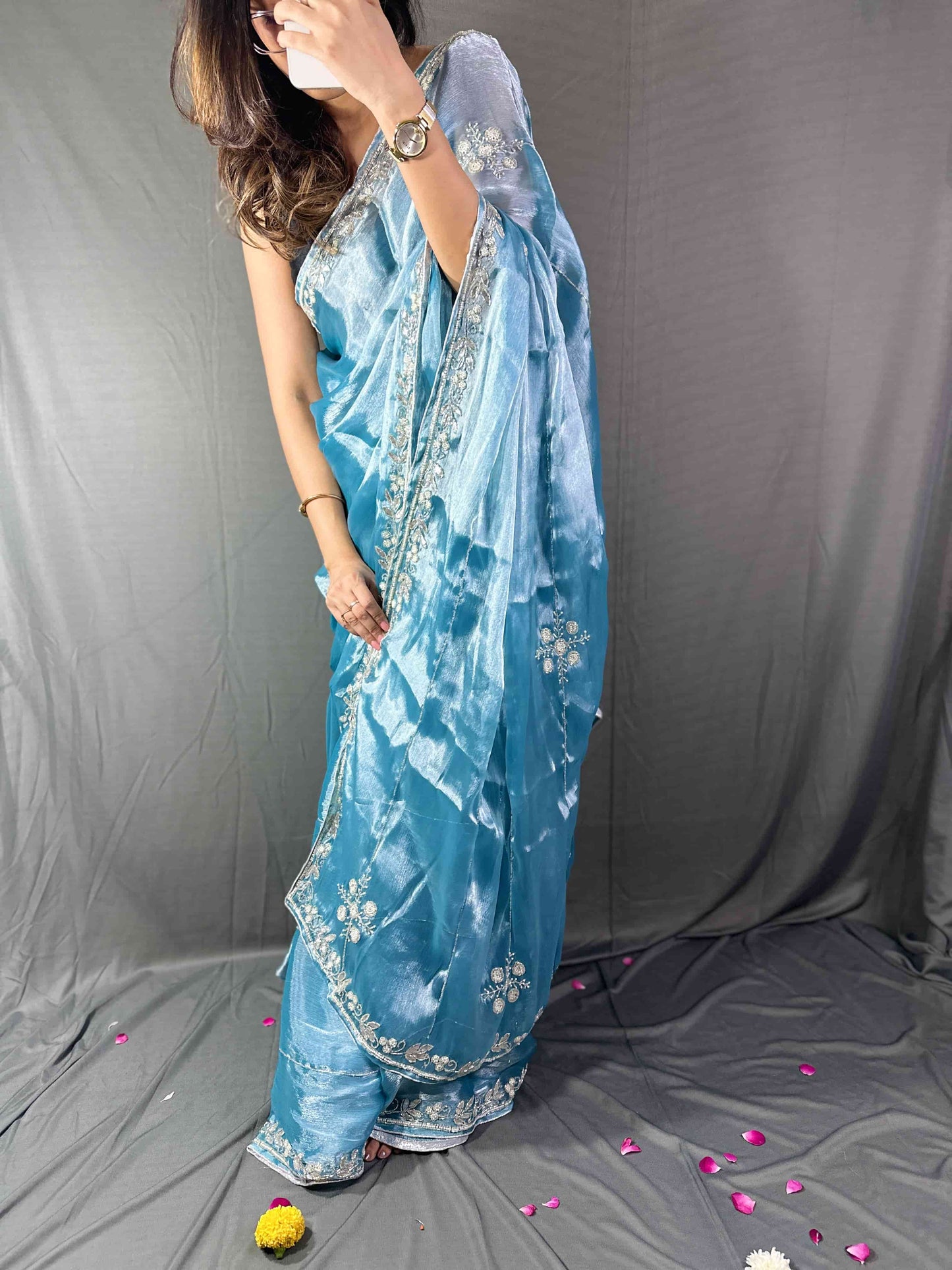 Neelanjali Sky Blue Pearl and Cutdana Handwork Saree