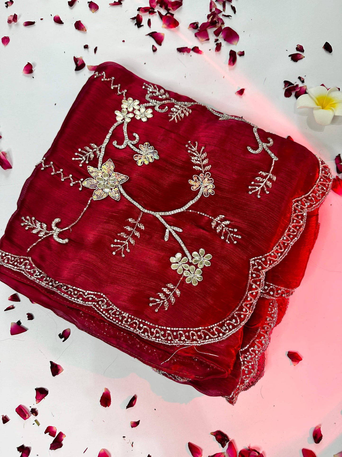 Deep Red Tissue Organza Floral Hand Embrloidered Saree