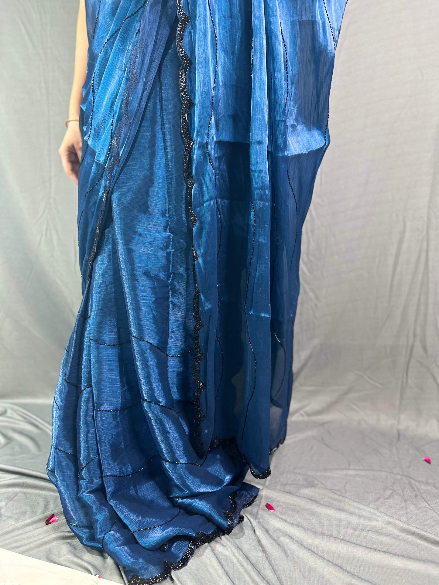 Haseena Blue Organza Satin Tissue Saree with black embroidery