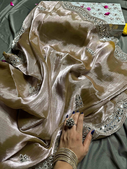 Sparkling Champagne Organza Satin Crushed Tissue Saree