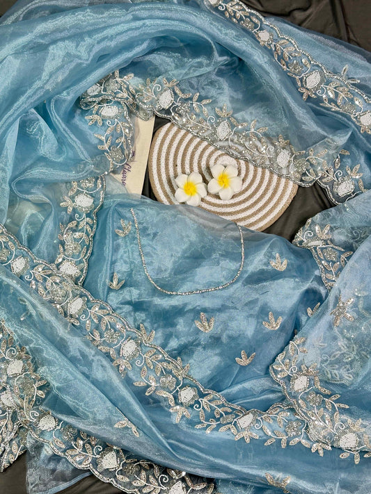 Powder Blue Organza Saree with Sequin & Pearl Embroidery | Party Wear